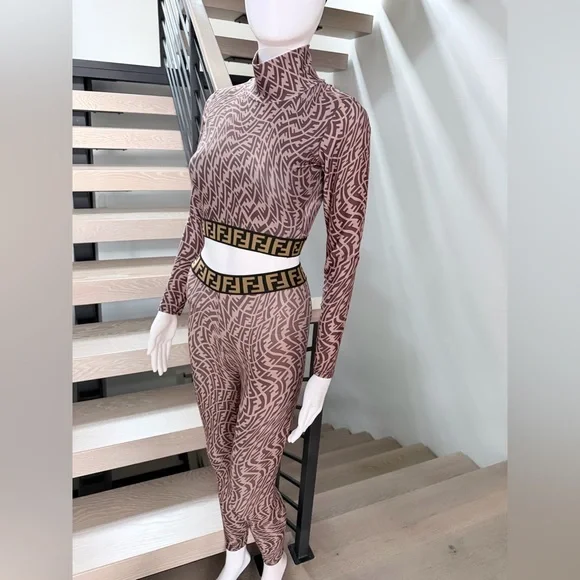Fendi Geometric Matching Leggings Set - Brown and Black size XS/S - Picture 4 of 16